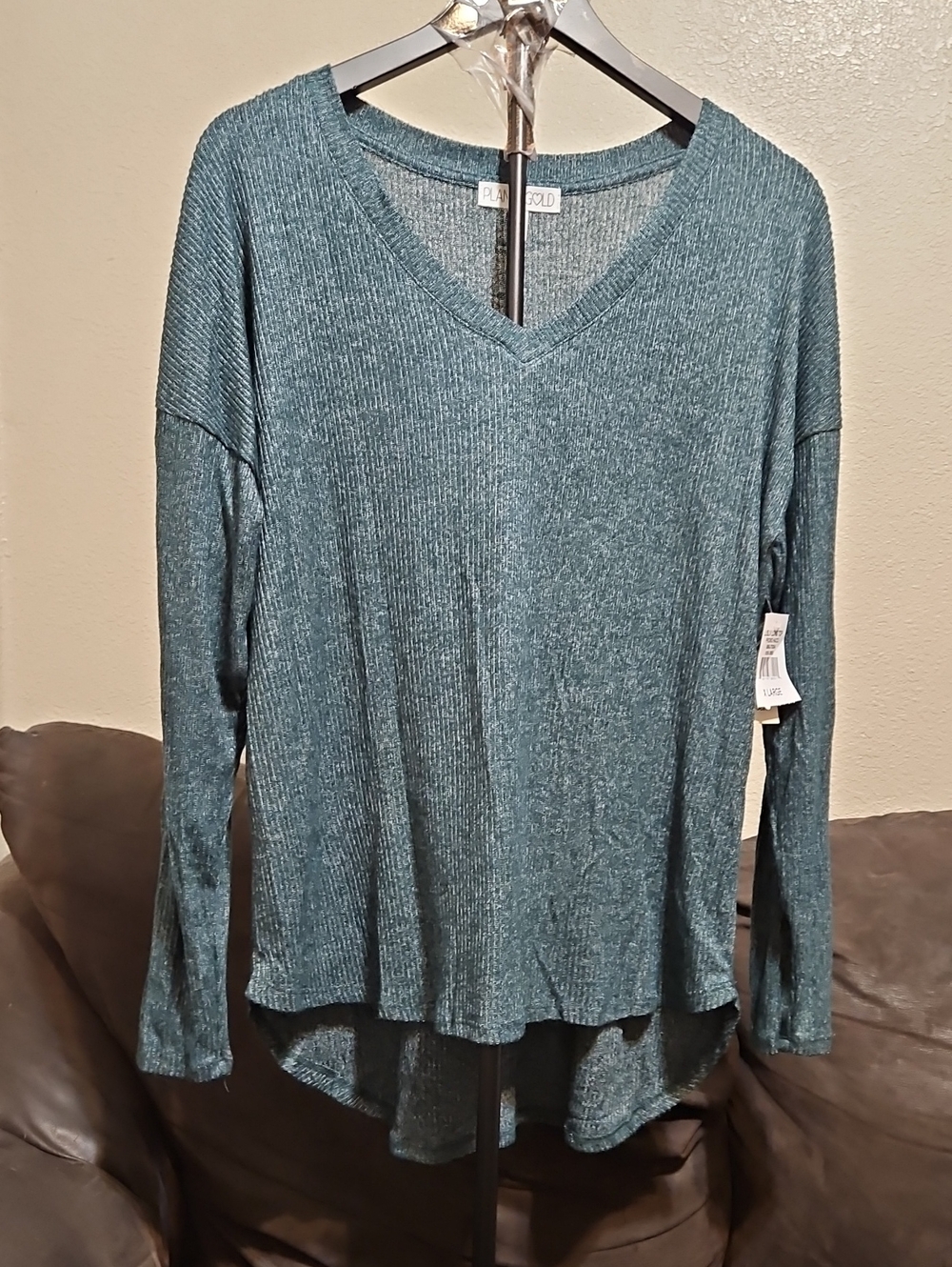 Planet Gold Teal Ribbed V-Neck Lightweight Long Sleeve Top